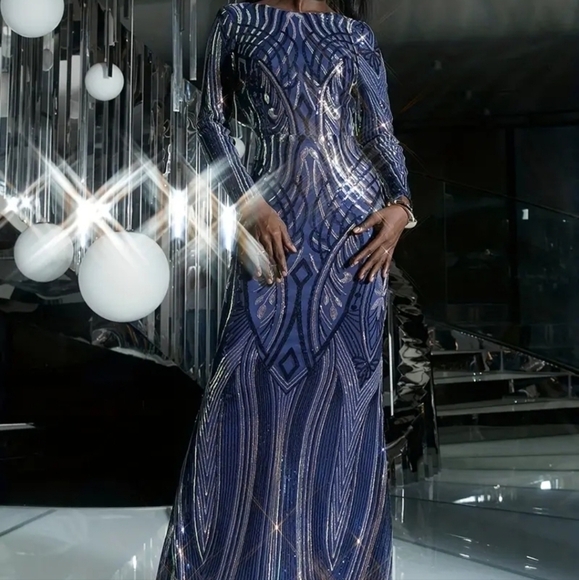 Sophisticated Long Sleeve High Neckline Sequin Formal Gown - Picture 13 of 13